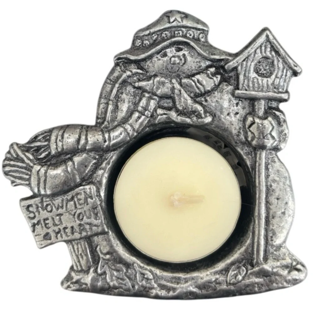 Vintage Pewter Candle Holder Snowman Christmas Winter Tea Light 90s Retro Carson